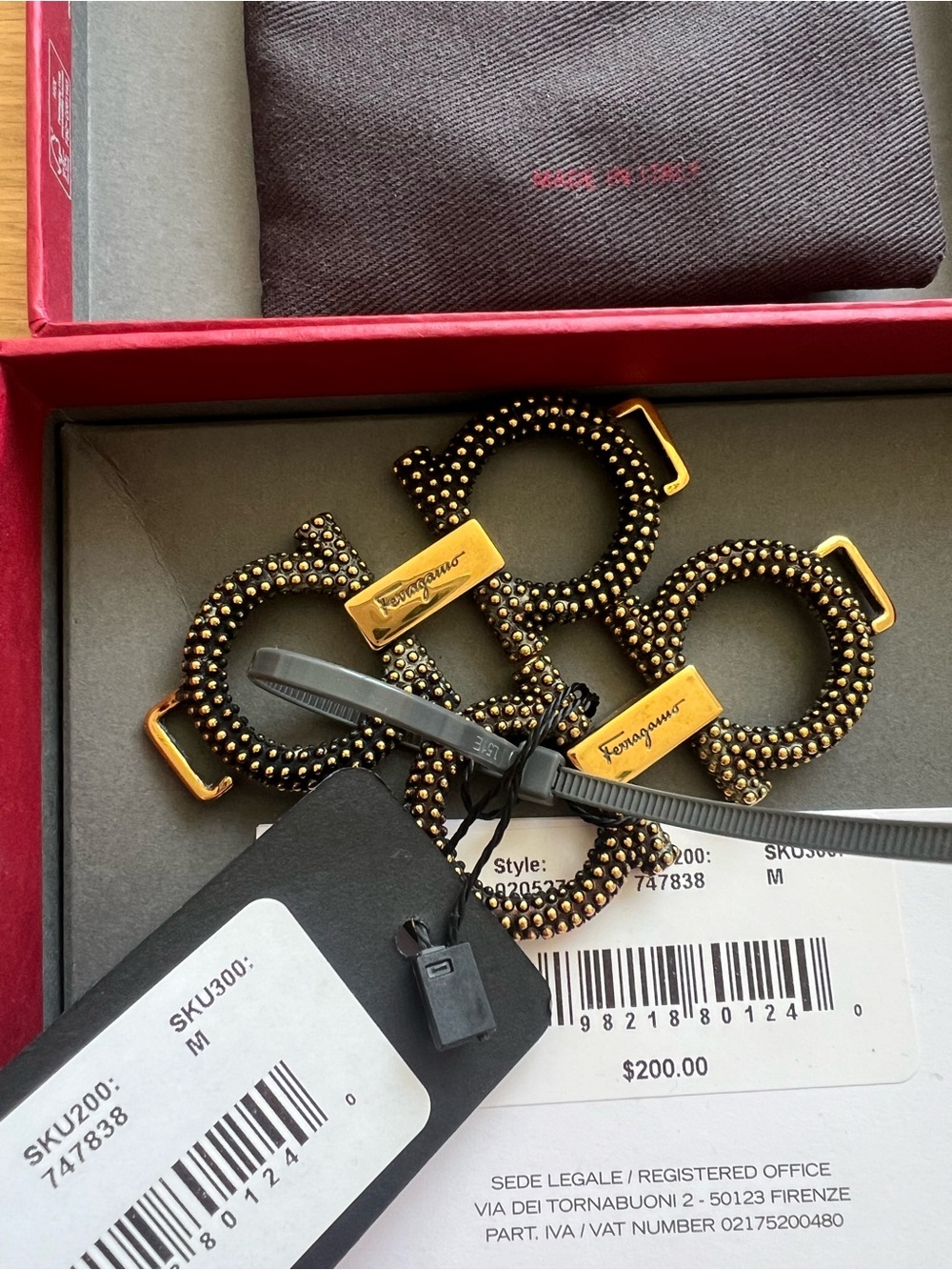 Salvatore Ferragamo Black and Gold Studded Gancini Belt Hardware